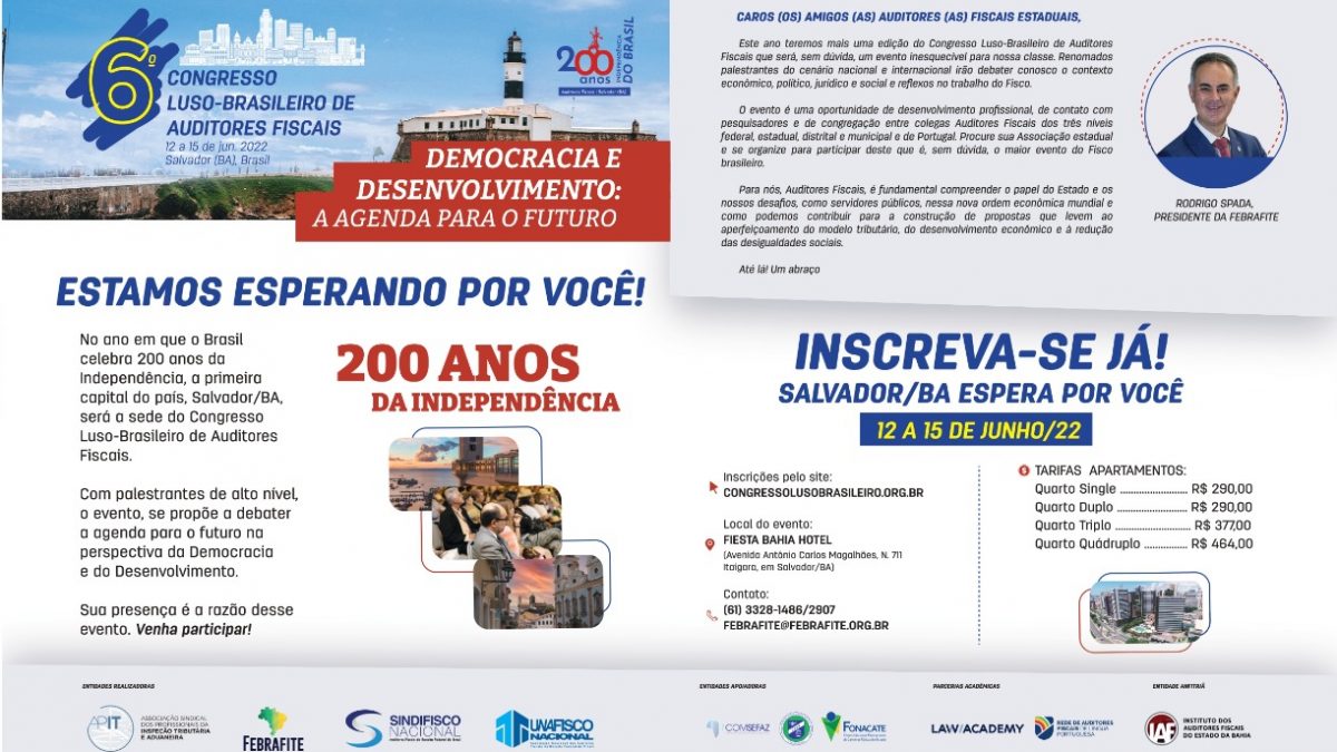 Congresso luso-brasileiro de auditores fiscais: Inscrições para o 1o lote vão até o dia 10/04